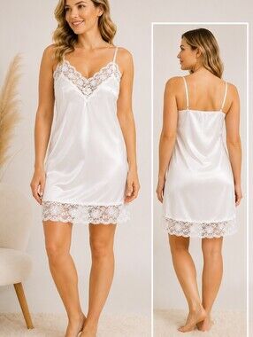 Vintage Velrose Full Slip dress white Nylon Lace 38 sexy nightgown RN96030